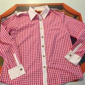 Tory Burch Pink Plaid Button Down Gold Buttons  14
